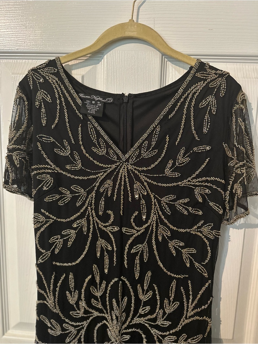 Pisarro Nights Black V-Neck Short Sleeve Beaded Evening Dress